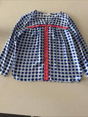 Vineyard Vines Blue Dot Peasant Blouse with Pink Trim